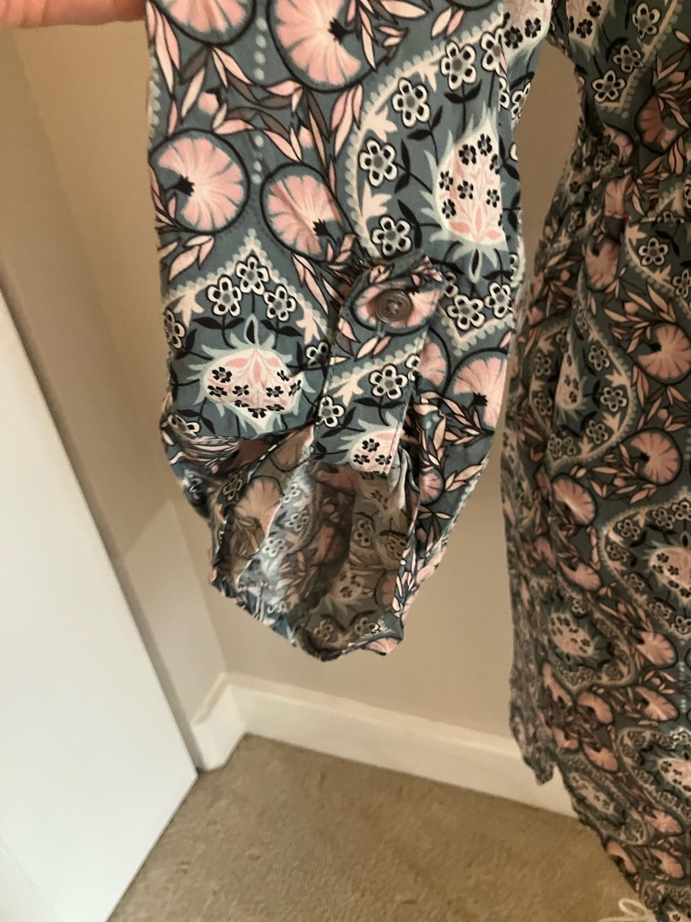 LOFT Floral Tie-Waist Mini Dress in Dusty Blue and Blush Art Nouveau print Sz SP - Picture 6 of 9